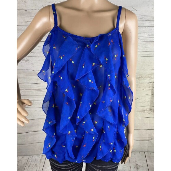 Xhilaration Tank Top Blue Polka Dot Semi-Sheer Ruffled - Picture 1 of 12